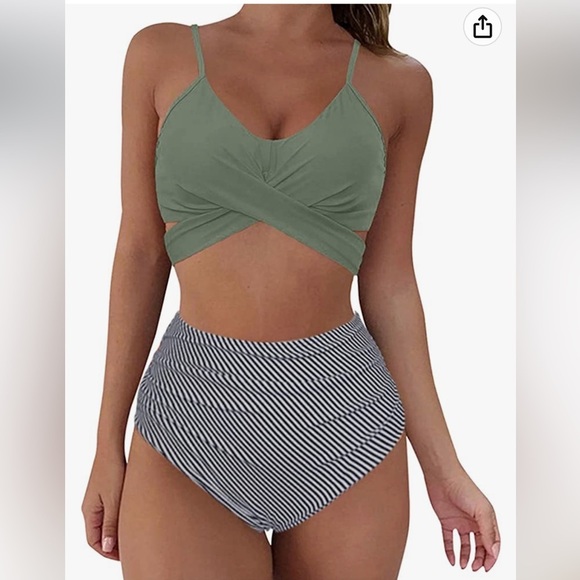 Olive black & white vintage inspired wrap top high waisted bottom bikini. Size M - Picture 1 of 11